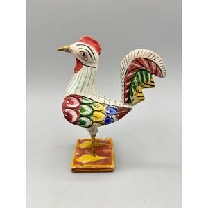 Vtg India Hand Painted Wooden Rooster Figurine Folk Art Chicken Sculpture Rustic